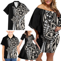 Polynesian Plumeria Floral Tattoo Pattern Family Matching Off Shoulder Short Dress and Hawaiian Shirt Beige Style LT9 - Polynesian Pride