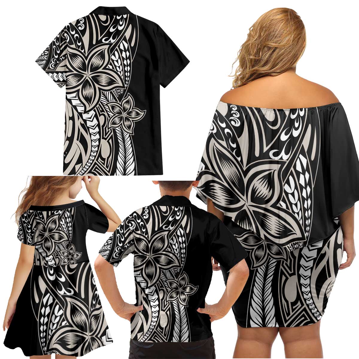 Polynesian Plumeria Floral Tattoo Pattern Family Matching Off Shoulder Short Dress and Hawaiian Shirt Beige Style LT9 - Polynesian Pride