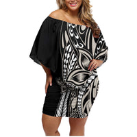 Polynesian Plumeria Floral Tattoo Pattern Family Matching Off Shoulder Short Dress and Hawaiian Shirt Beige Style LT9 Mom's Dress Beige - Polynesian Pride