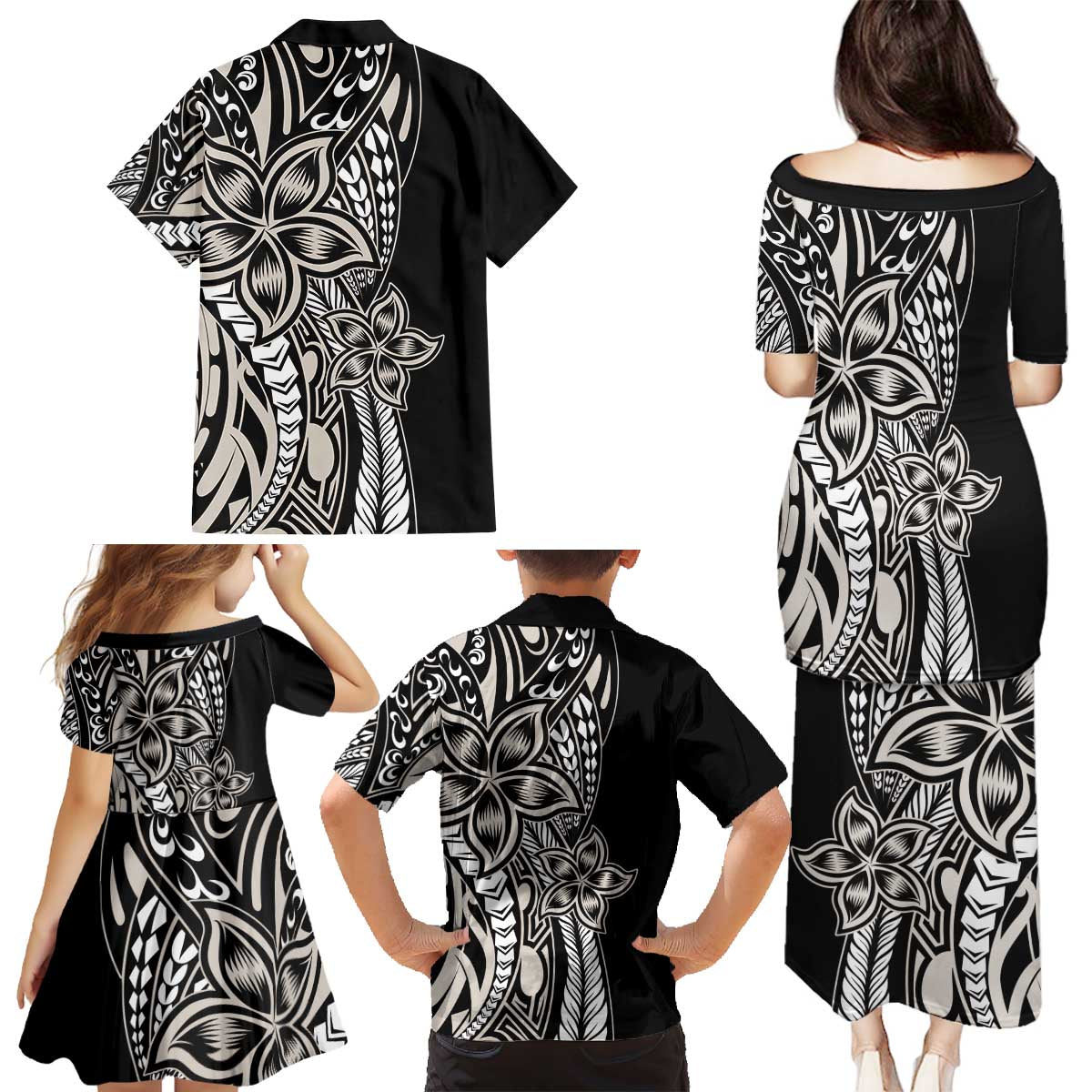 Polynesian Plumeria Floral Tattoo Pattern Family Matching Puletasi and Hawaiian Shirt Beige Style LT9 - Polynesian Pride