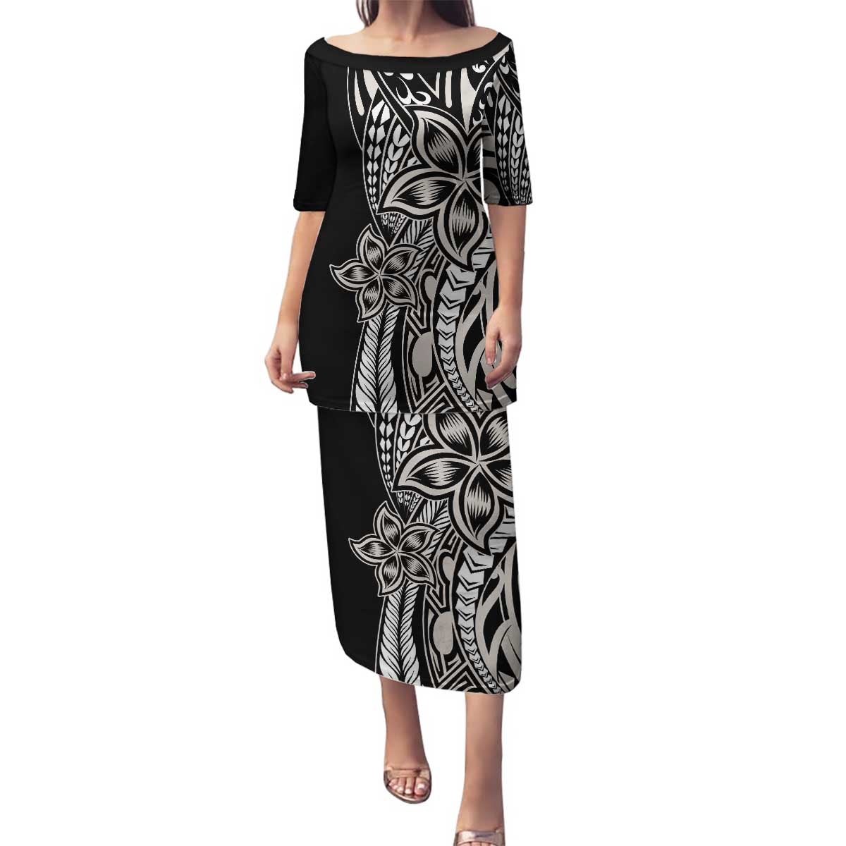 Polynesian Plumeria Floral Tattoo Pattern Family Matching Puletasi and Hawaiian Shirt Beige Style LT9 Mom's Dress Beige - Polynesian Pride