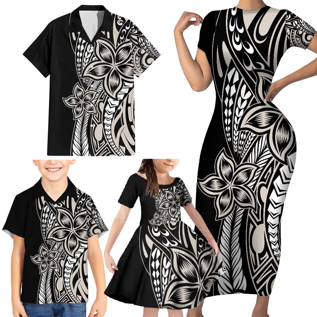 Polynesian Plumeria Floral Tattoo Pattern Family Matching Short Sleeve Bodycon Dress and Hawaiian Shirt Beige Style LT9 - Polynesian Pride