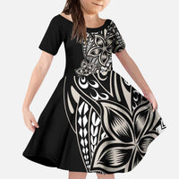 Polynesian Plumeria Floral Tattoo Pattern Kid Short Sleeve Dress Beige Style
