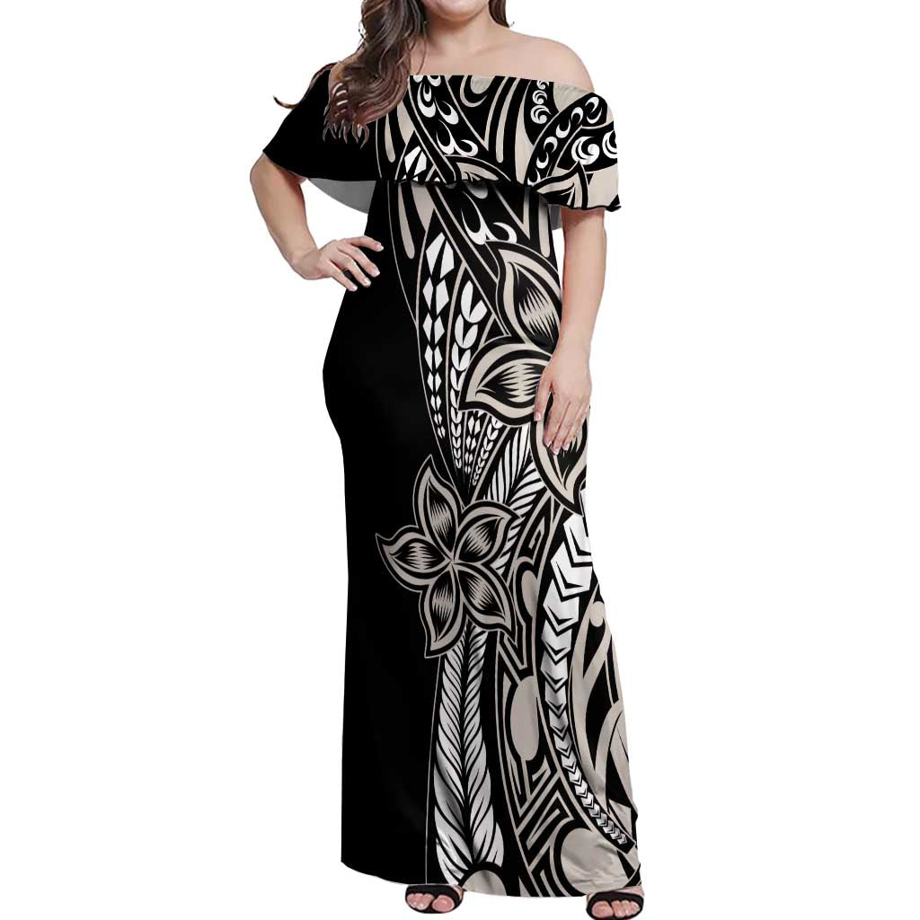 Polynesian Plumeria Floral Tattoo Pattern Off Shoulder Maxi Dress Beige Style