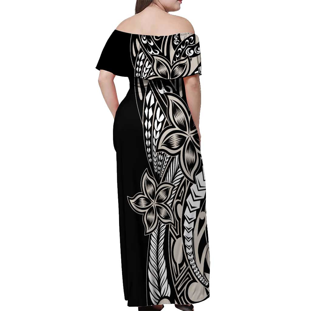 Polynesian Plumeria Floral Tattoo Pattern Off Shoulder Maxi Dress Beige Style