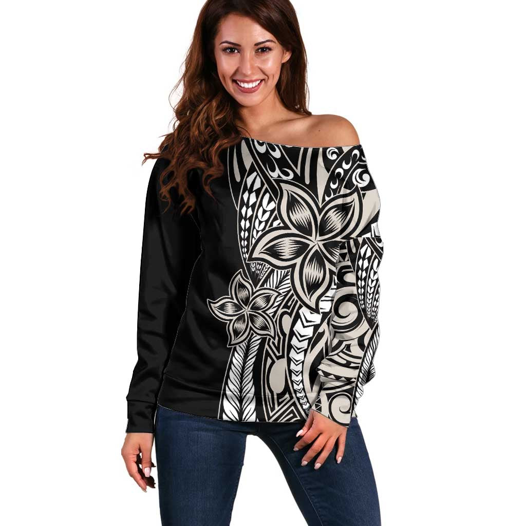 Polynesian Plumeria Floral Tattoo Pattern Off Shoulder Sweater Beige Style LT9 Women Beige - Polynesian Pride