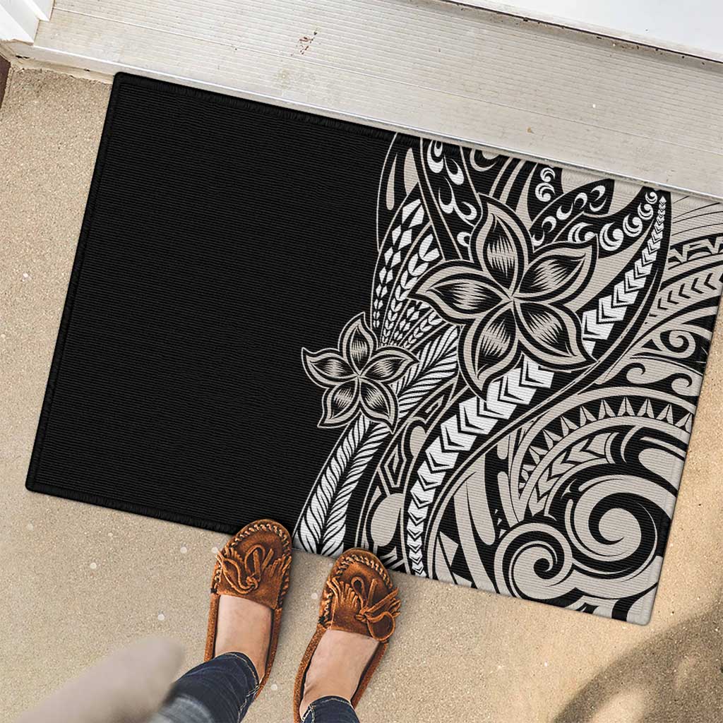 Polynesian Plumeria Floral Tattoo Pattern Rubber Doormat Beige Style