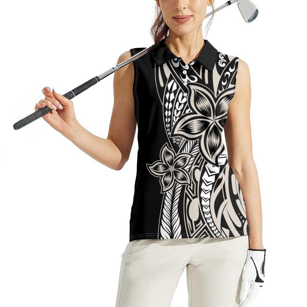 Polynesian Plumeria Floral Tattoo Pattern Women Sleeveless Polo Shirt Beige Style