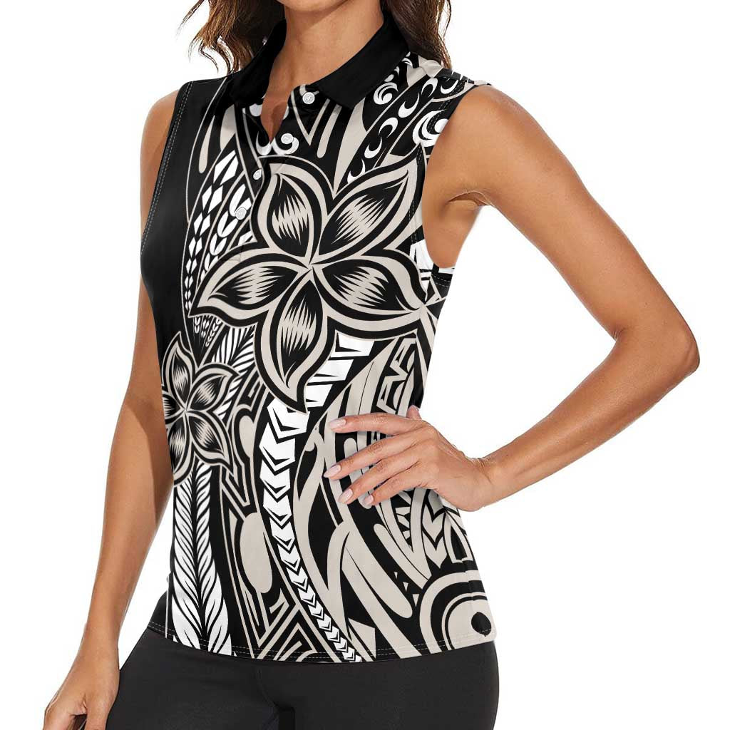 Polynesian Plumeria Floral Tattoo Pattern Women Sleeveless Polo Shirt Beige Style