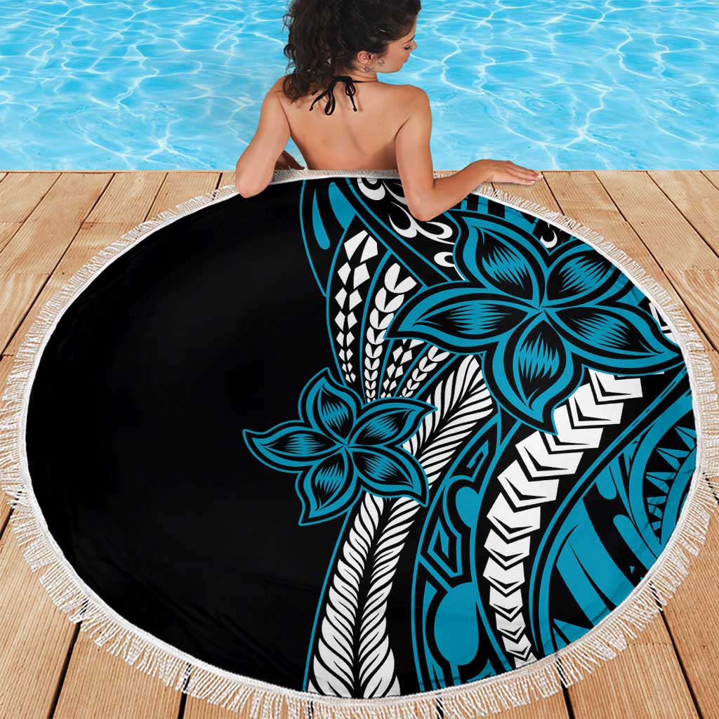 Polynesian Plumeria Floral Tattoo Pattern Beach Blanket Blue Style