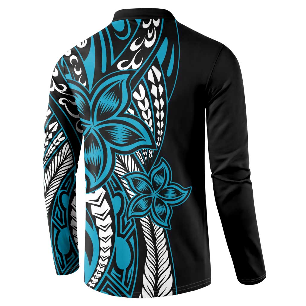 Polynesian Plumeria Floral Tattoo Pattern Button Sweatshirt Bllue Style