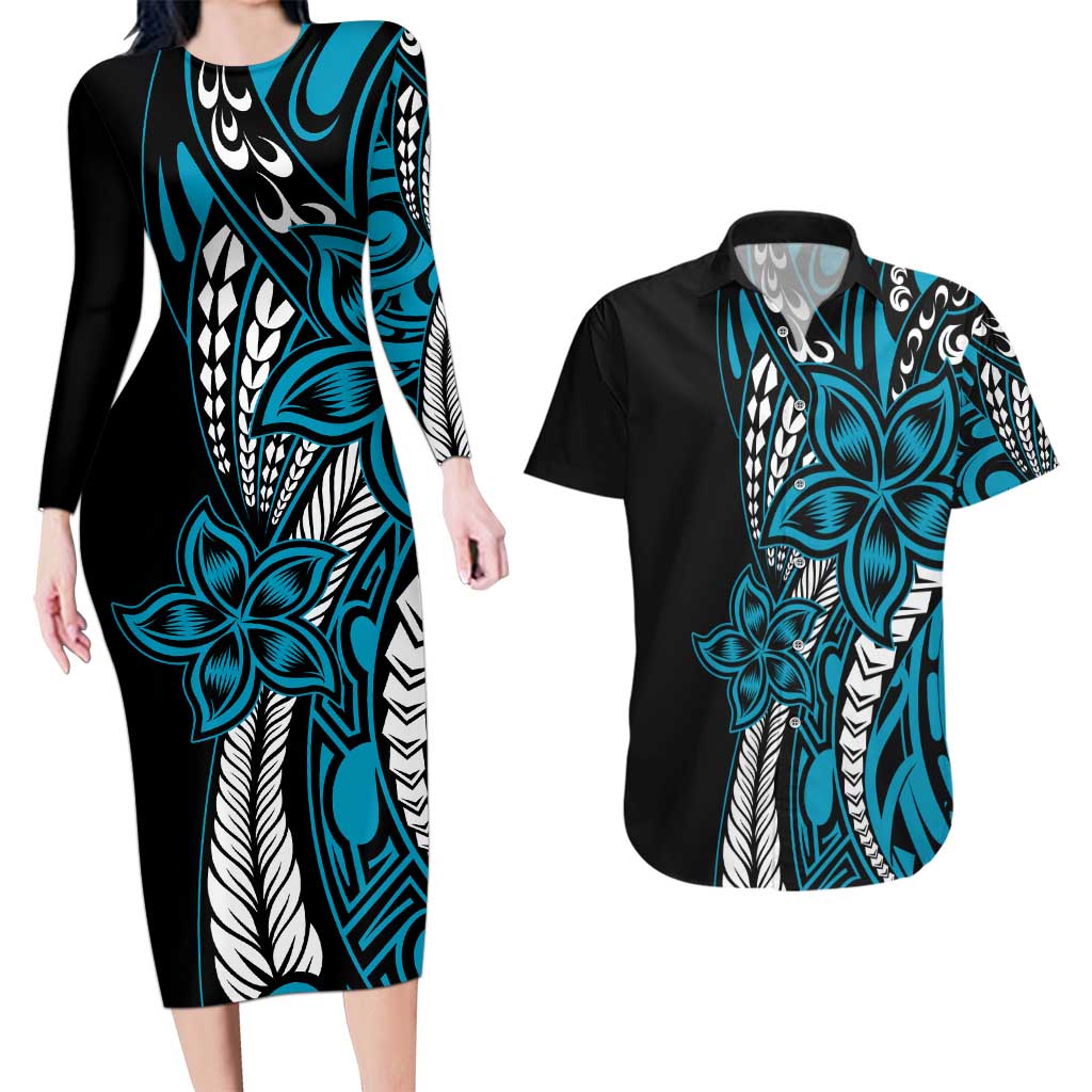Polynesian Plumeria Floral Tattoo Pattern Couples Matching Long Sleeve Bodycon Dress and Hawaiian Shirt Blue Style LT9 Blue - Polynesian Pride