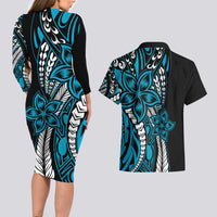Polynesian Plumeria Floral Tattoo Pattern Couples Matching Long Sleeve Bodycon Dress and Hawaiian Shirt Blue Style LT9 - Polynesian Pride