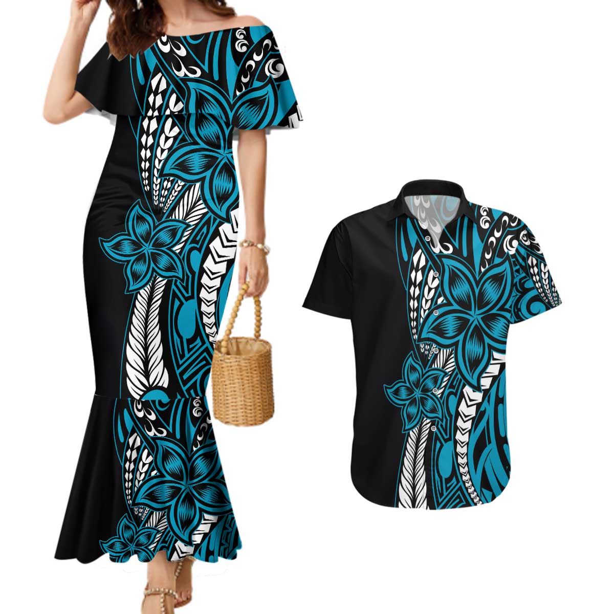 Polynesian Plumeria Floral Tattoo Pattern Couples Matching Mermaid Dress and Hawaiian Shirt Blue Style LT9 Blue - Polynesian Pride