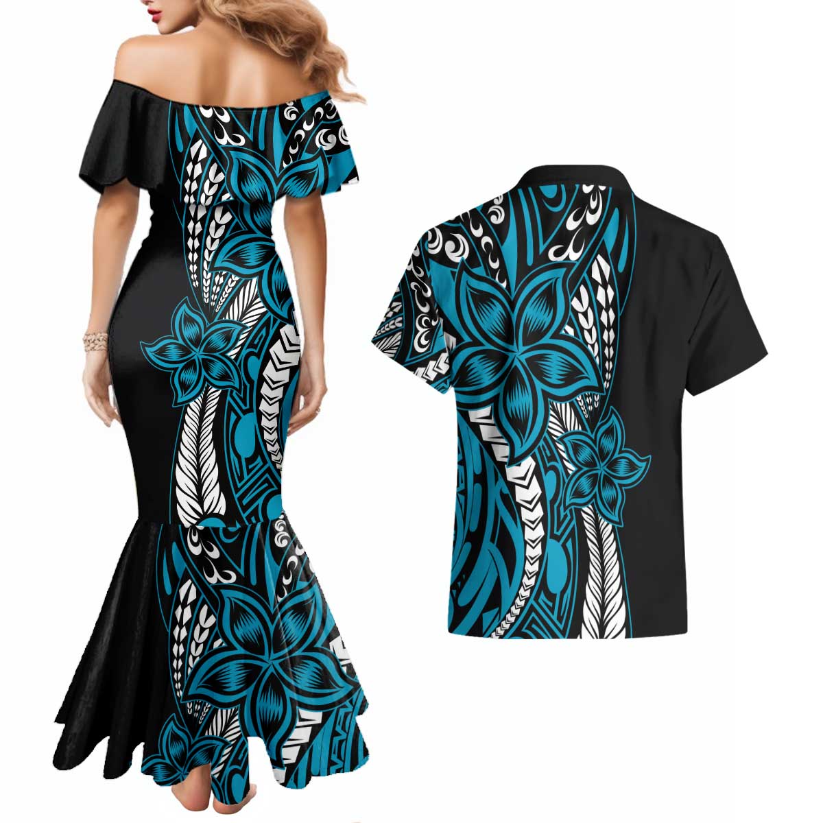 Polynesian Plumeria Floral Tattoo Pattern Couples Matching Mermaid Dress and Hawaiian Shirt Blue Style LT9 - Polynesian Pride