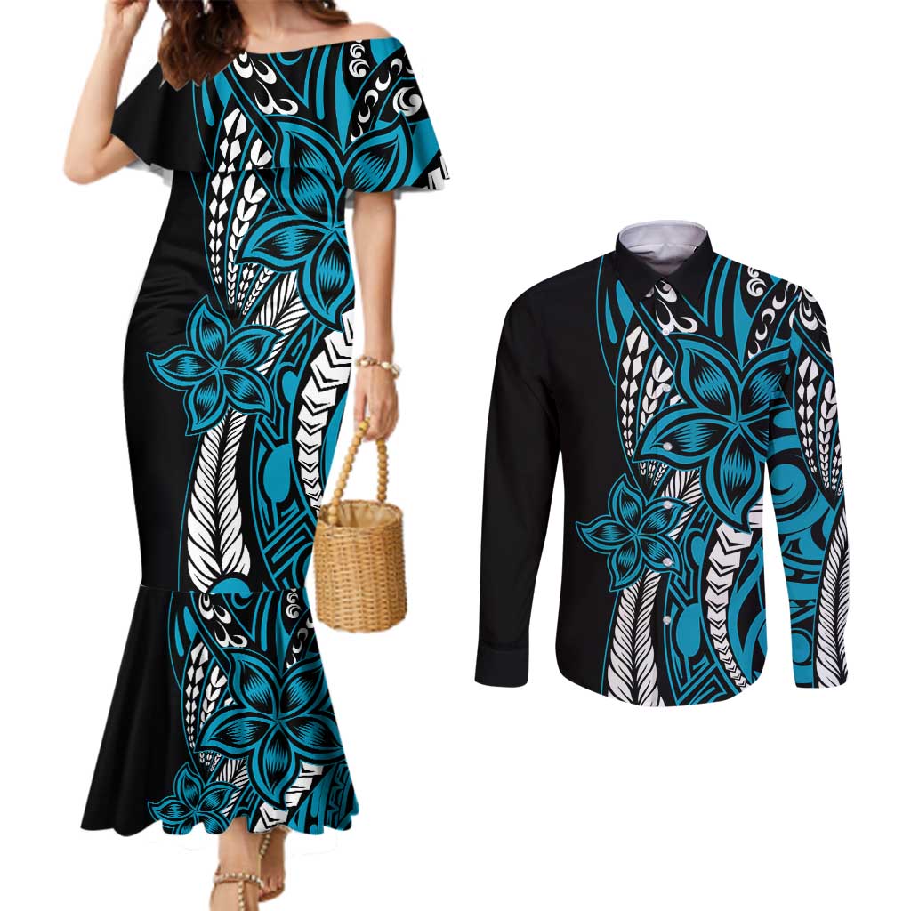 Polynesian Plumeria Floral Tattoo Pattern Couples Matching Mermaid Dress and Long Sleeve Button Shirt Bllue Style