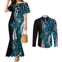 Polynesian Plumeria Floral Tattoo Pattern Couples Matching Mermaid Dress and Long Sleeve Button Shirt Bllue Style