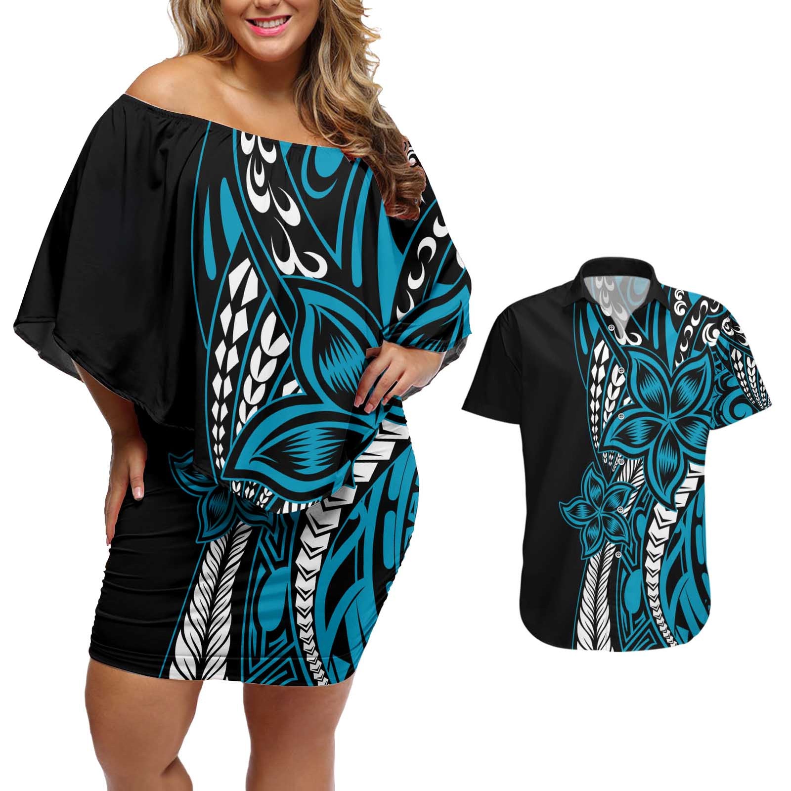 Polynesian Plumeria Floral Tattoo Pattern Couples Matching Off Shoulder Short Dress and Hawaiian Shirt Bllue Style