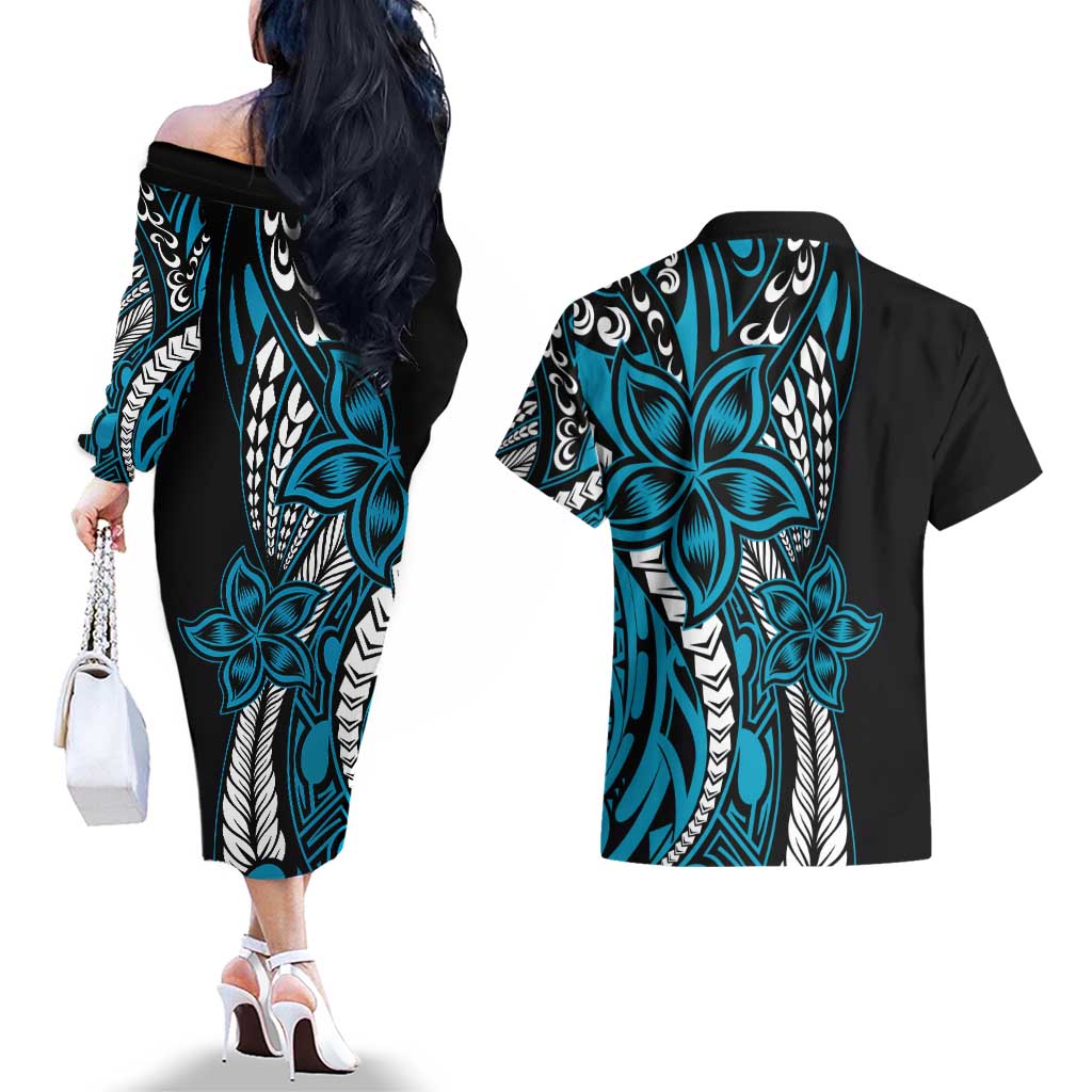 Polynesian Plumeria Floral Tattoo Pattern Couples Matching Off The Shoulder Long Sleeve Dress and Hawaiian Shirt Blue Style LT9 - Polynesian Pride