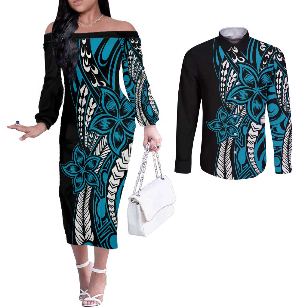 Polynesian Plumeria Floral Tattoo Pattern Couples Matching Off The Shoulder Long Sleeve Dress and Long Sleeve Button Shirt Blue Style LT9 Blue - Polynesian Pride