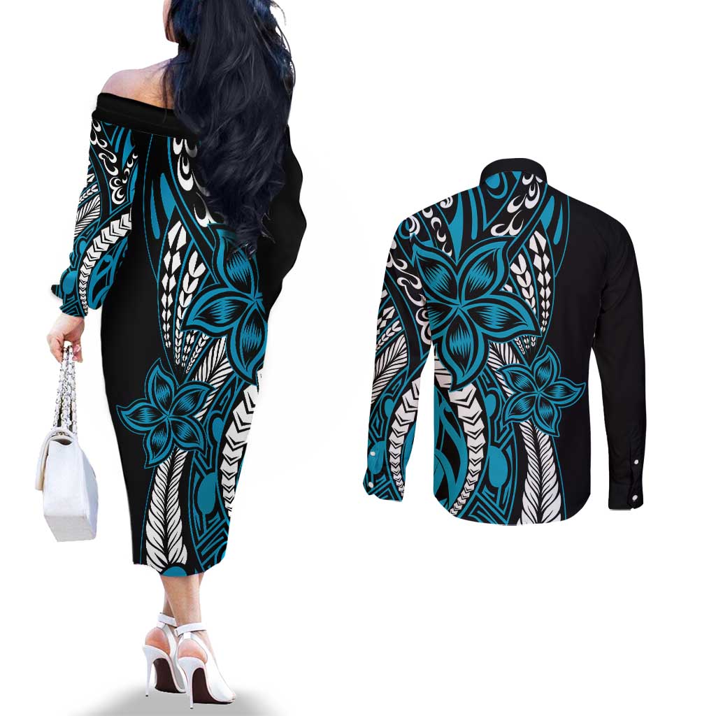 Polynesian Plumeria Floral Tattoo Pattern Couples Matching Off The Shoulder Long Sleeve Dress and Long Sleeve Button Shirt Blue Style LT9 - Polynesian Pride