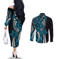 Polynesian Plumeria Floral Tattoo Pattern Couples Matching Off The Shoulder Long Sleeve Dress and Long Sleeve Button Shirt Blue Style LT9 - Polynesian Pride
