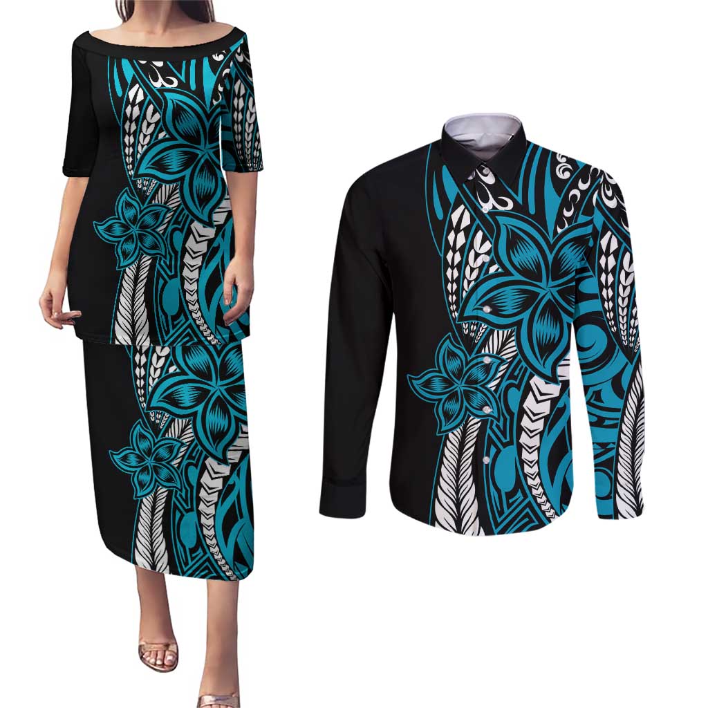 Polynesian Plumeria Floral Tattoo Pattern Couples Matching Puletasi and Long Sleeve Button Shirt Bllue Style
