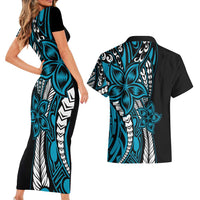 Polynesian Plumeria Floral Tattoo Pattern Couples Matching Short Sleeve Bodycon Dress and Hawaiian Shirt Blue Style LT9 - Polynesian Pride