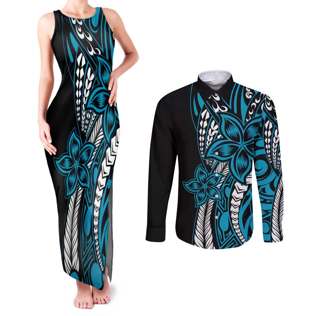 Polynesian Plumeria Floral Tattoo Pattern Couples Matching Tank Maxi Dress and Long Sleeve Button Shirt Blue Style LT9 Blue - Polynesian Pride