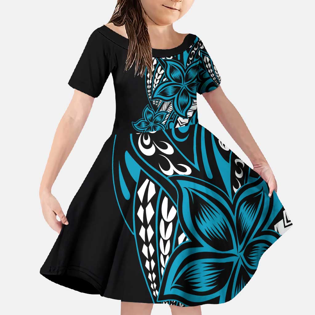 Polynesian Plumeria Floral Tattoo Pattern Family Matching Long Sleeve Bodycon Dress and Hawaiian Shirt Blue Style LT9 Daughter's Dress Blue - Polynesian Pride