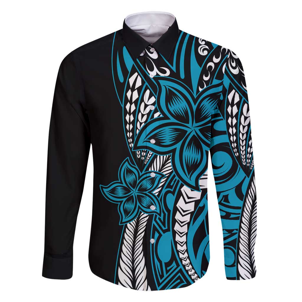 Polynesian Plumeria Floral Tattoo Pattern Family Matching Long Sleeve Bodycon Dress and Hawaiian Shirt Blue Style LT9 Dad's Shirt - Long Sleeve Blue - Polynesian Pride