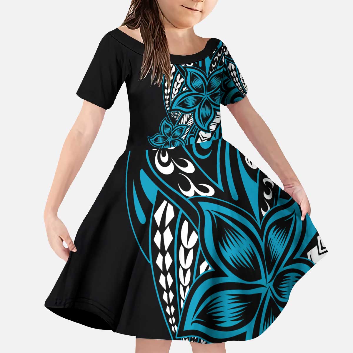Polynesian Plumeria Floral Tattoo Pattern Family Matching Off The Shoulder Long Sleeve Dress and Hawaiian Shirt Blue Style LT9 Daughter's Dress Blue - Polynesian Pride