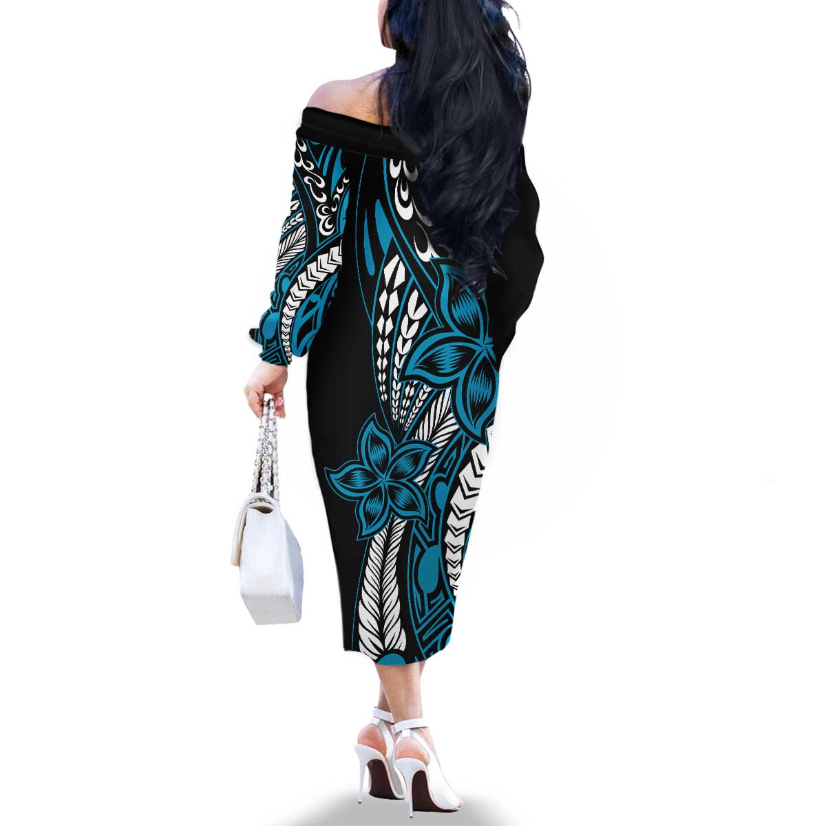 Polynesian Plumeria Floral Tattoo Pattern Family Matching Off The Shoulder Long Sleeve Dress and Hawaiian Shirt Blue Style LT9 - Polynesian Pride