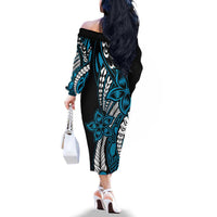 Polynesian Plumeria Floral Tattoo Pattern Family Matching Off The Shoulder Long Sleeve Dress and Hawaiian Shirt Blue Style LT9 - Polynesian Pride