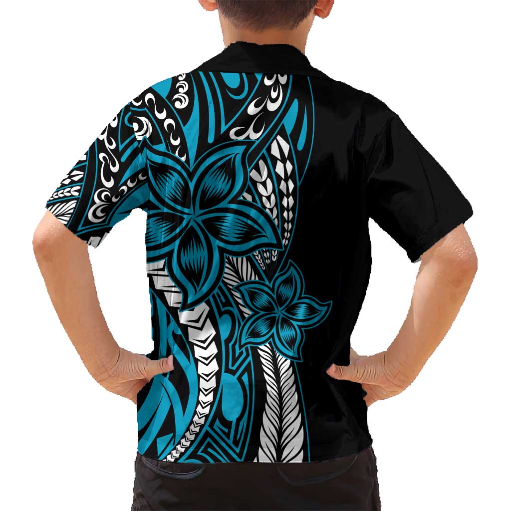 Polynesian Plumeria Floral Tattoo Pattern Family Matching Off Shoulder Maxi Dress and Hawaiian Shirt Blue Style LT9 - Polynesian Pride