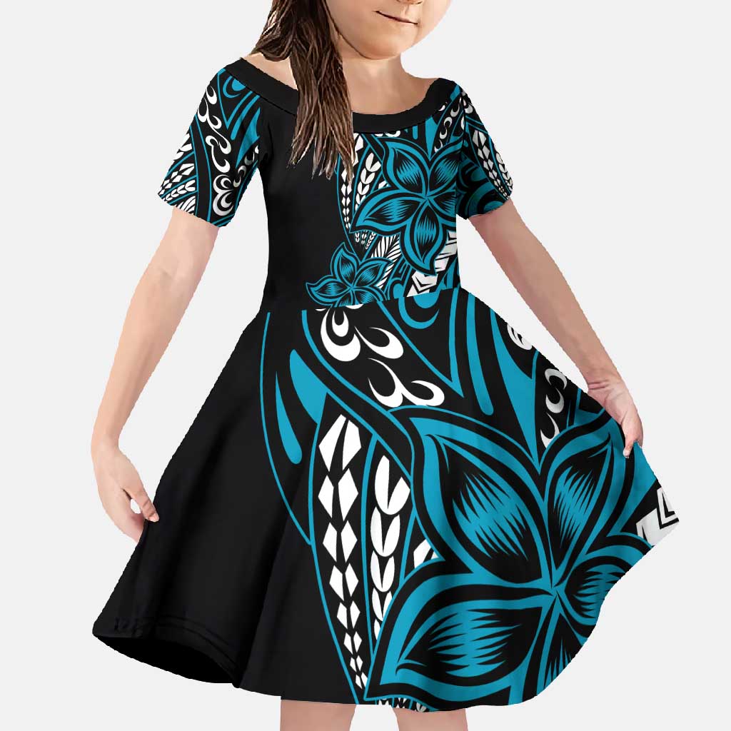 Polynesian Plumeria Floral Tattoo Pattern Family Matching Off Shoulder Maxi Dress and Hawaiian Shirt Blue Style LT9 Daughter's Dress Blue - Polynesian Pride