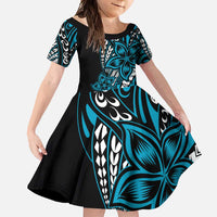 Polynesian Plumeria Floral Tattoo Pattern Family Matching Off Shoulder Maxi Dress and Hawaiian Shirt Blue Style LT9 Daughter's Dress Blue - Polynesian Pride