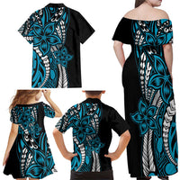 Polynesian Plumeria Floral Tattoo Pattern Family Matching Off Shoulder Maxi Dress and Hawaiian Shirt Blue Style LT9 - Polynesian Pride
