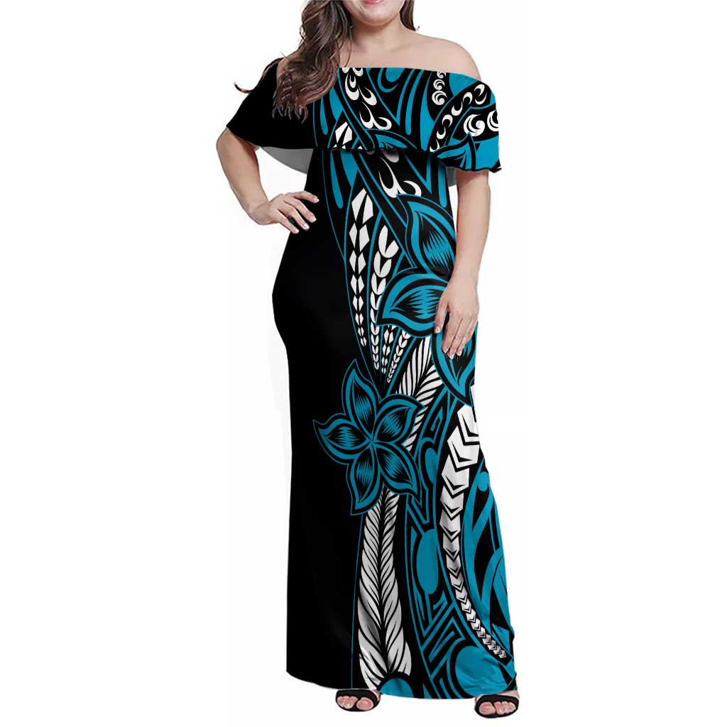 Polynesian Plumeria Floral Tattoo Pattern Family Matching Off Shoulder Maxi Dress and Hawaiian Shirt Blue Style LT9 Mom's Dress Blue - Polynesian Pride