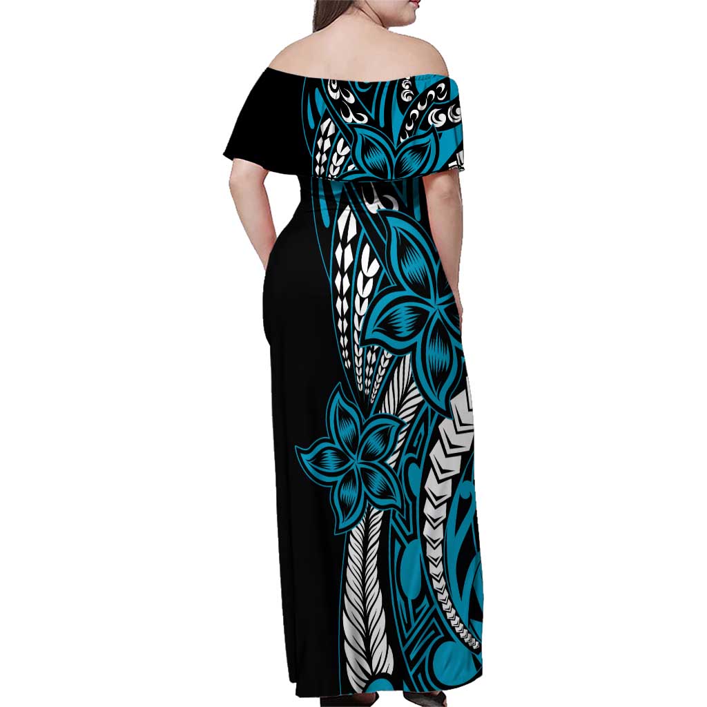 Polynesian Plumeria Floral Tattoo Pattern Family Matching Off Shoulder Maxi Dress and Hawaiian Shirt Blue Style LT9 - Polynesian Pride