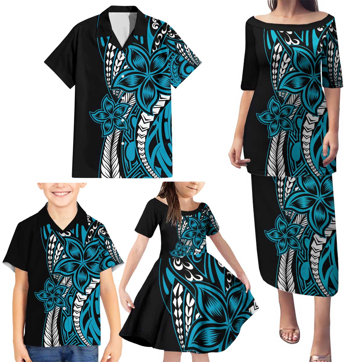 Polynesian Plumeria Floral Tattoo Pattern Family Matching Puletasi and Hawaiian Shirt Blue Style LT9 - Polynesian Pride