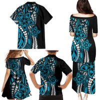 Polynesian Plumeria Floral Tattoo Pattern Family Matching Puletasi and Hawaiian Shirt Blue Style LT9 - Polynesian Pride