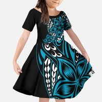 Polynesian Plumeria Floral Tattoo Pattern Family Matching Short Sleeve Bodycon Dress and Hawaiian Shirt Blue Style LT9 Daughter's Dress Blue - Polynesian Pride