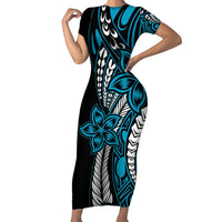 Polynesian Plumeria Floral Tattoo Pattern Family Matching Short Sleeve Bodycon Dress and Hawaiian Shirt Blue Style LT9 Mom's Dress Blue - Polynesian Pride