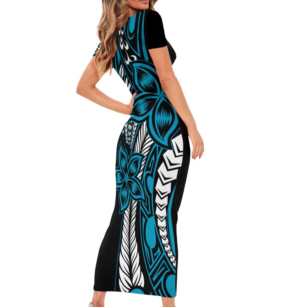 Polynesian Plumeria Floral Tattoo Pattern Family Matching Short Sleeve Bodycon Dress and Hawaiian Shirt Blue Style LT9 - Polynesian Pride