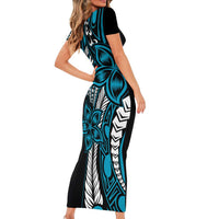 Polynesian Plumeria Floral Tattoo Pattern Family Matching Short Sleeve Bodycon Dress and Hawaiian Shirt Blue Style LT9 - Polynesian Pride