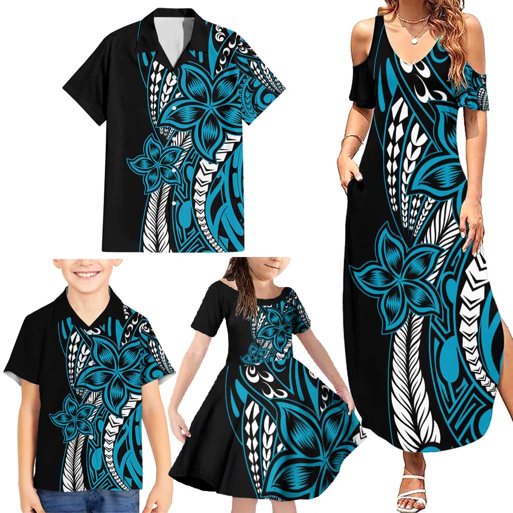 Polynesian Plumeria Floral Tattoo Pattern Family Matching Summer Maxi Dress and Hawaiian Shirt Blue Style LT9 - Polynesian Pride
