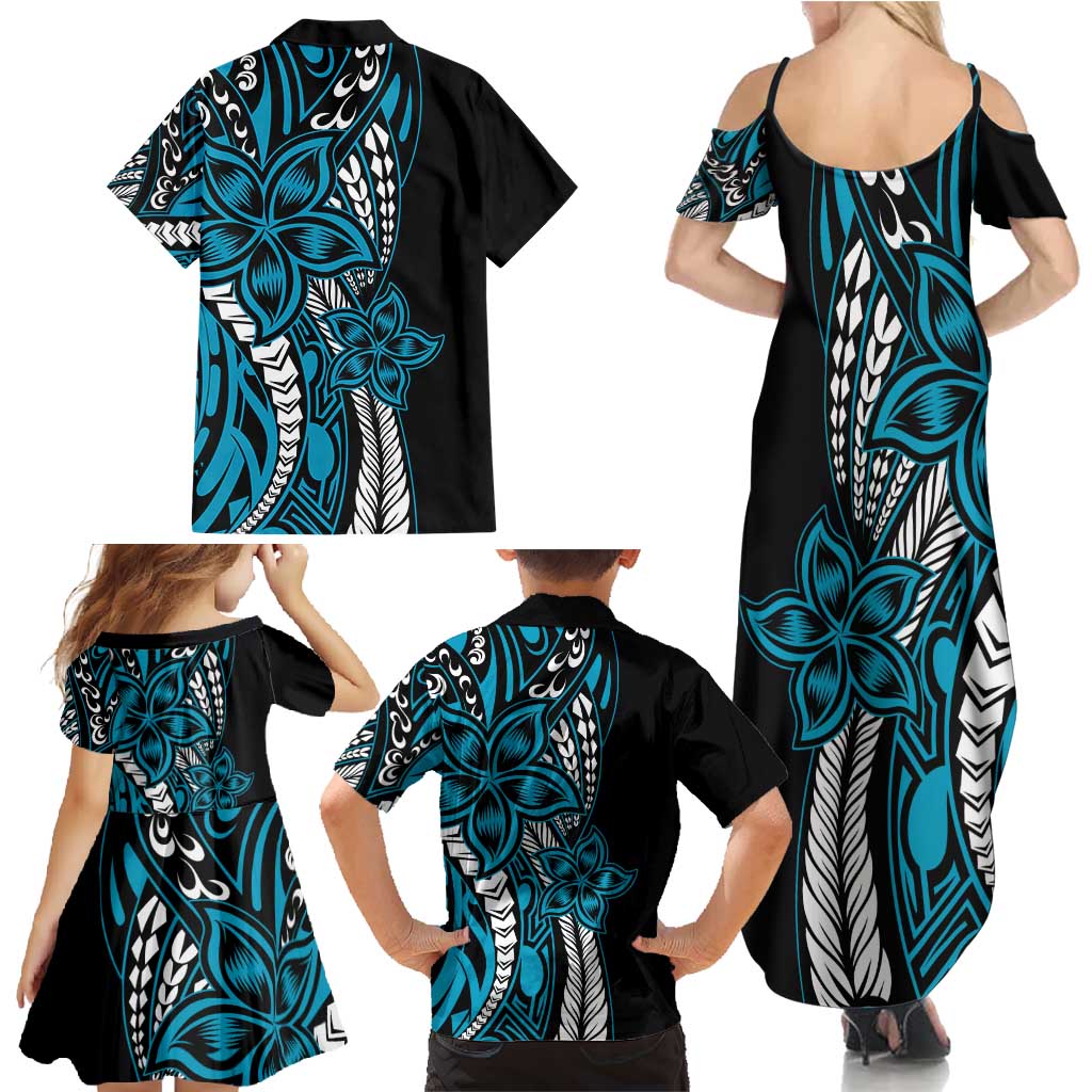 Polynesian Plumeria Floral Tattoo Pattern Family Matching Summer Maxi Dress and Hawaiian Shirt Blue Style LT9 - Polynesian Pride