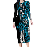 Polynesian Plumeria Floral Tattoo Pattern Long Sleeve Bodycon Dress Blue Style LT9 Long Dress Blue - Polynesian Pride