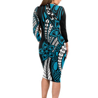 Polynesian Plumeria Floral Tattoo Pattern Long Sleeve Bodycon Dress Blue Style LT9 - Polynesian Pride